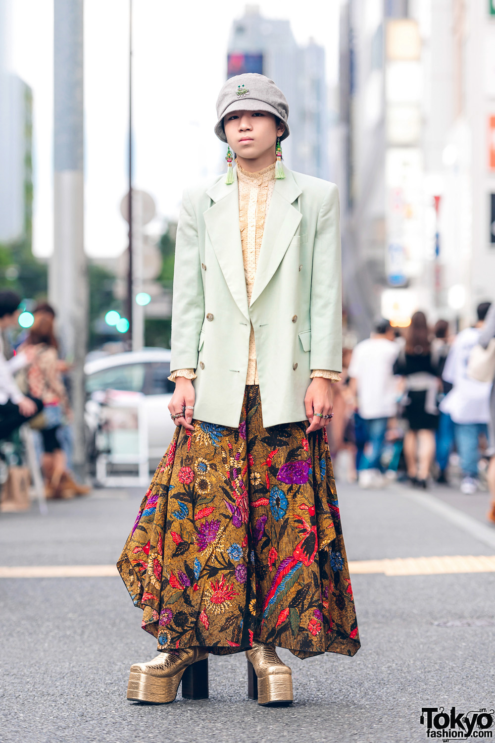 Harajuku Guy in Floral Print Skirt Fashion w/ Kinji, Thrift Tokyo & Vintage Metallic Boots