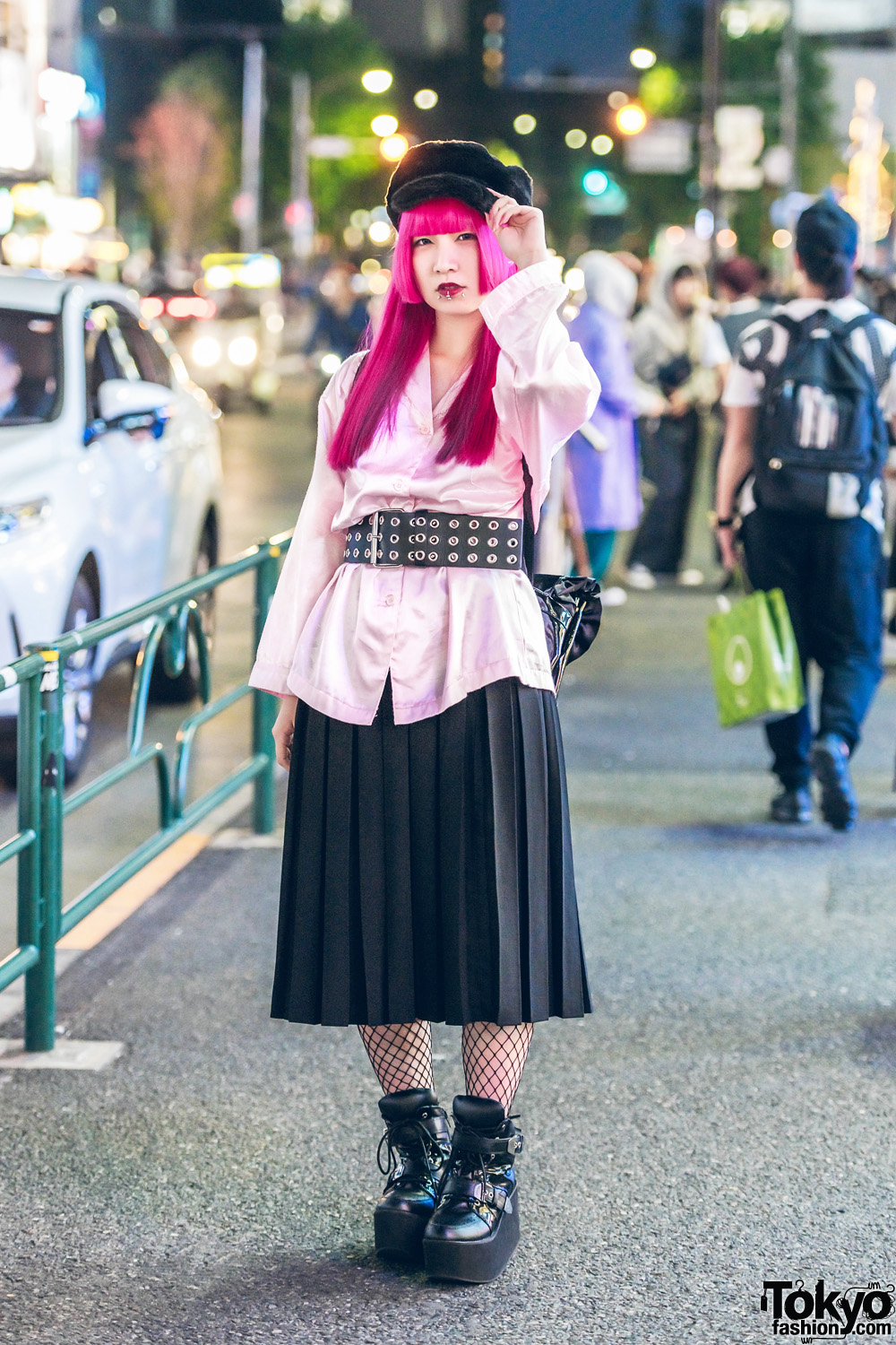 Harajuku Girl w/ Pink Hair, Piercings, Pleated Skirt, Wide Grommet Belt, Fishnets & Yosuke Boots