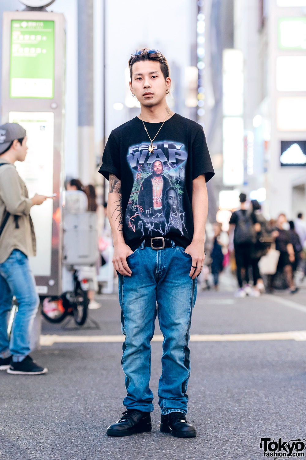 Kinji Harajuku Staffer in Fetty Wap Venturer Graphic Tee, Big John Jeans & Nike Sneakers