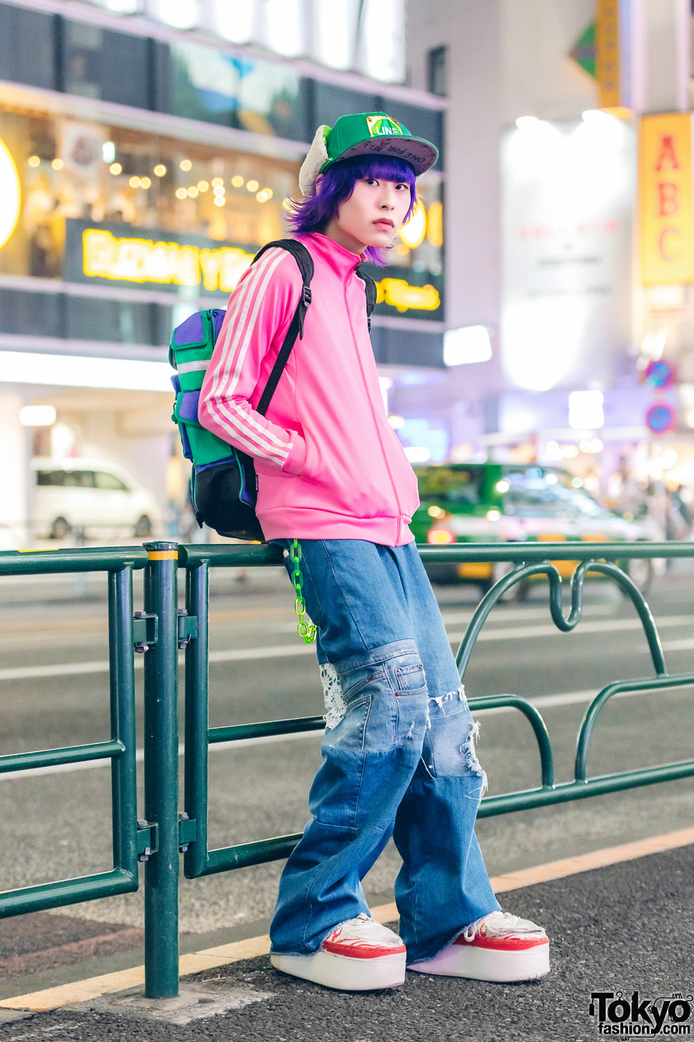 Purple-Haired Harajuku Guy in Colorful Streetwear w/ Adidas Jacket & Platform Sneakers