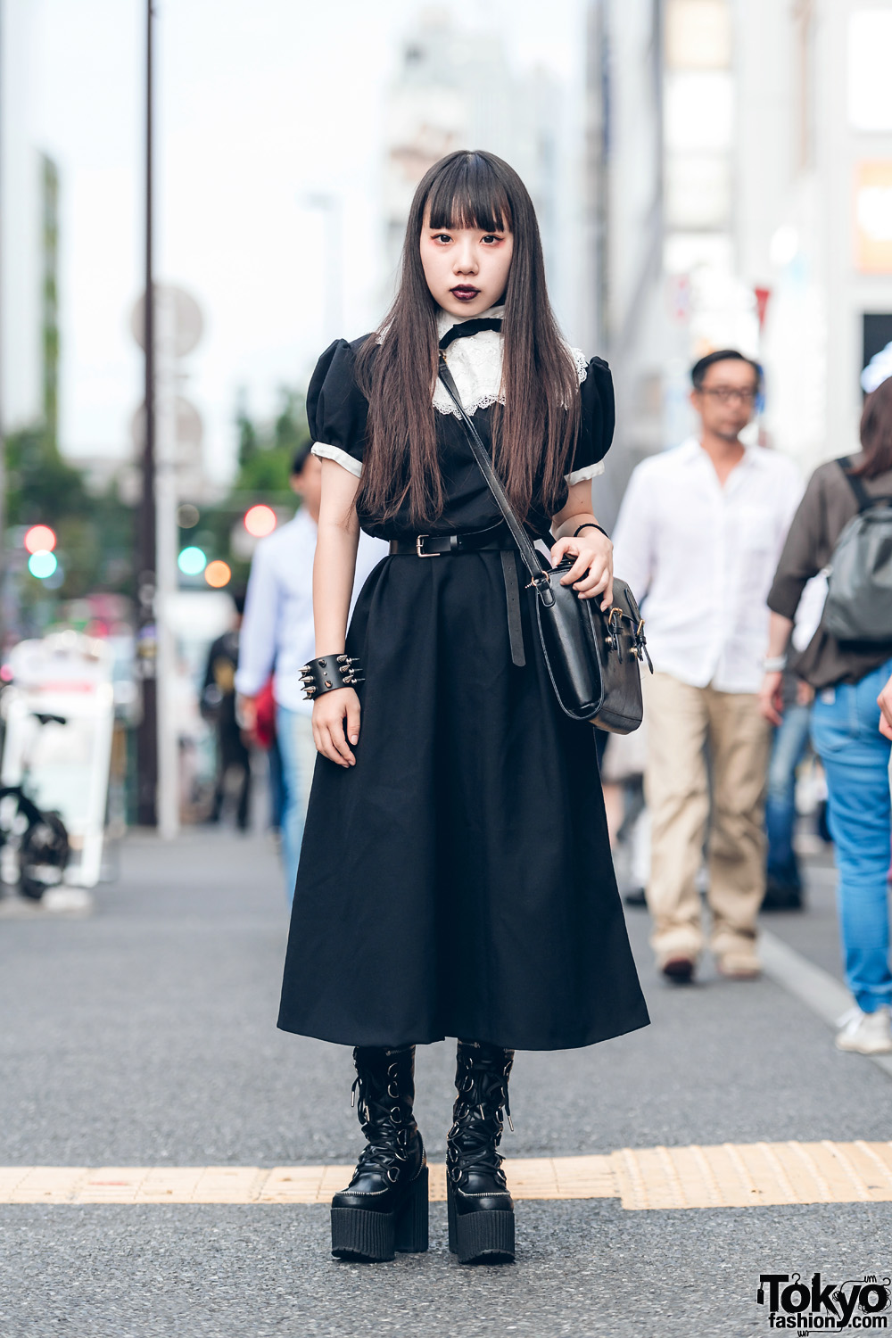 Dark Street Style in Harajuku w/ Vintage Lace Collar Dress, Leather Satchel Bag & Dolls Kill Platform Boots