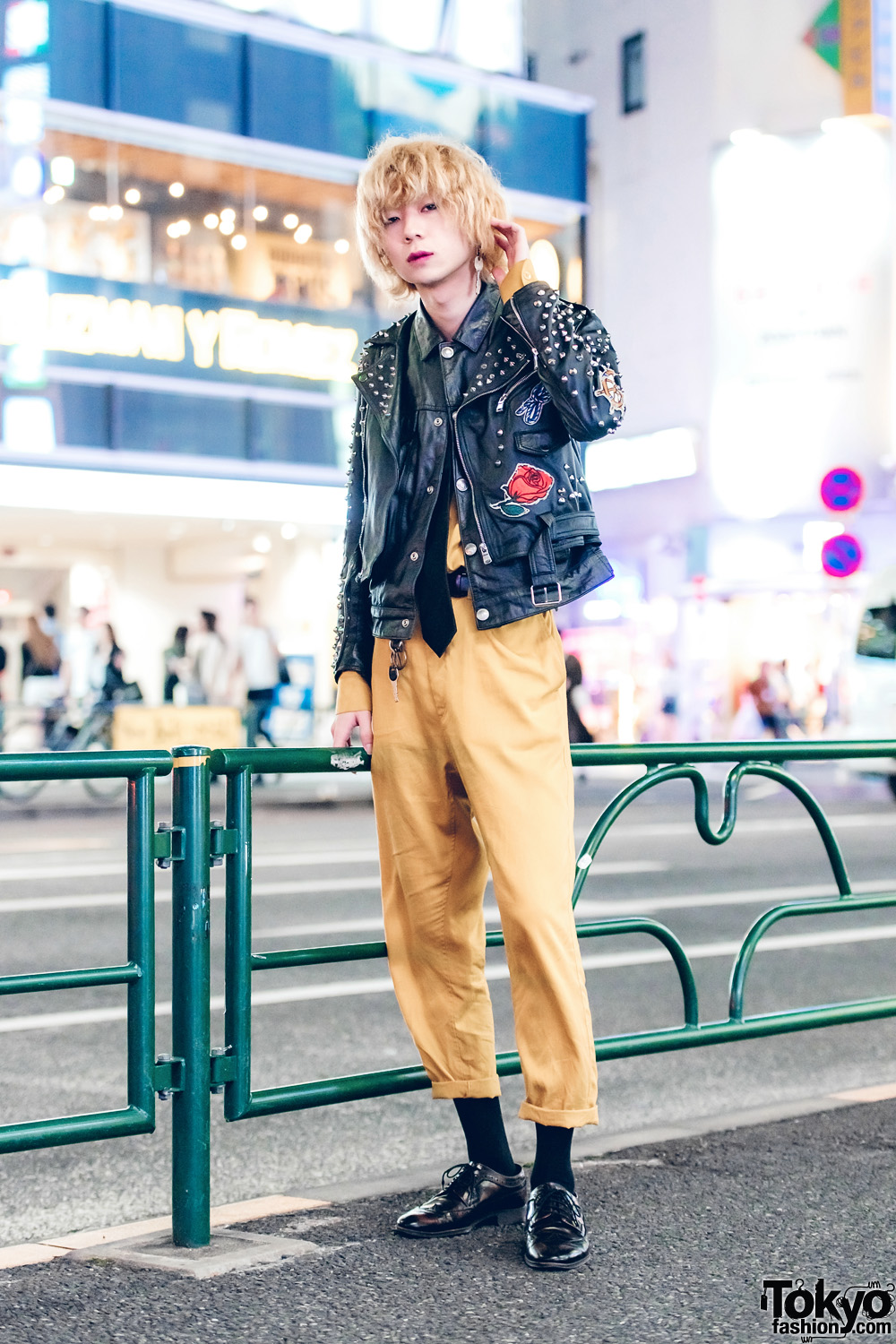 Harajuku Guy in Edgy Streetwear w/ Studded Leather Jacket and Black Leather Lace-Up Shoes
