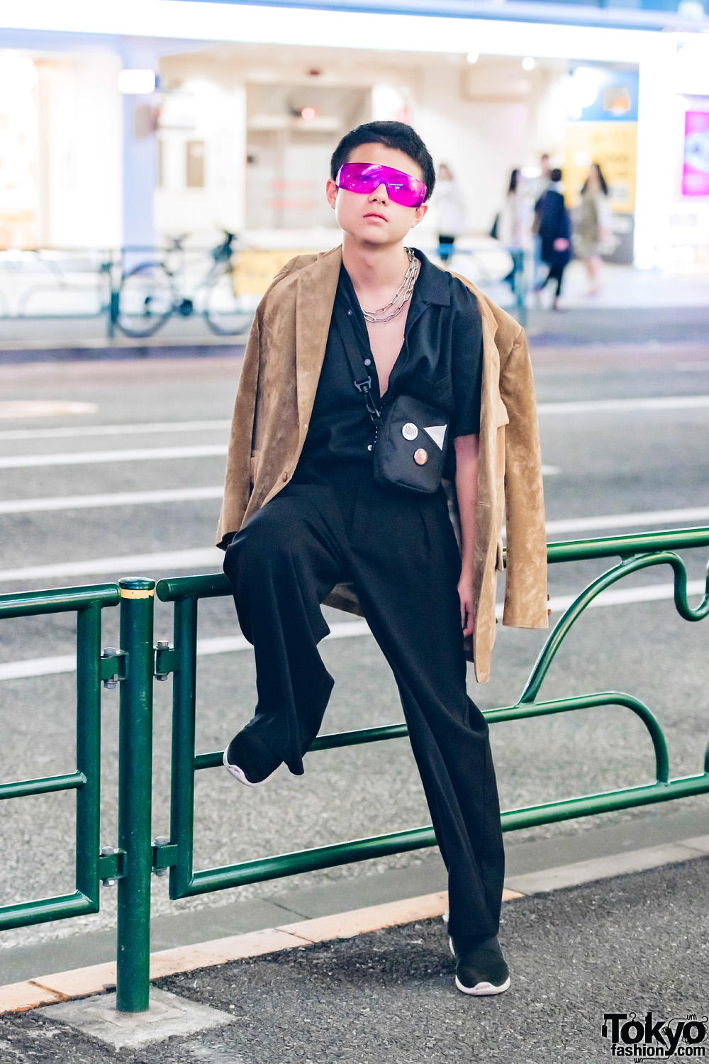 Dark Streetwear Fashion in Harajuku w/ Suede Blazer, GU Sneakers, Outdoor Sling Bag & Purple Glasses