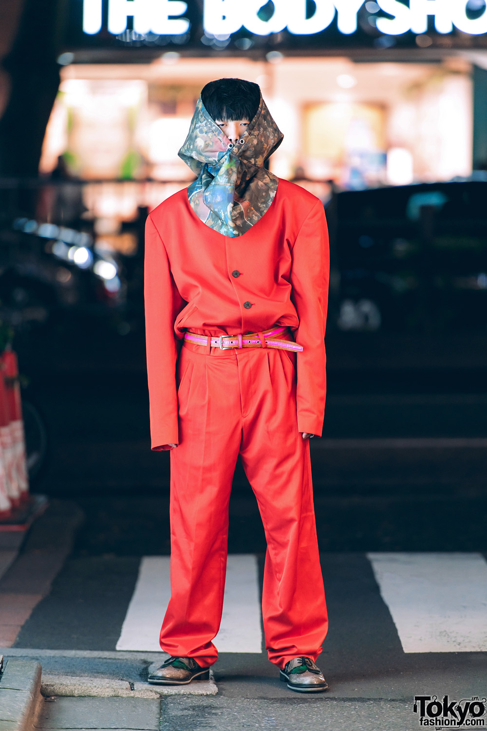 Harajuku Guy in All-Red Hooded Japanese Streetwear from Tokyo Vintage Shops