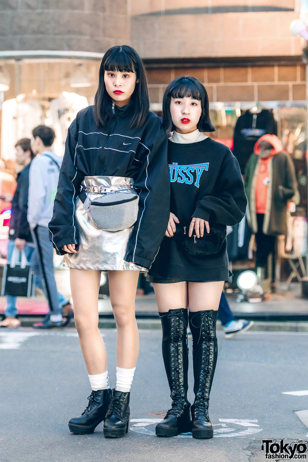 Harajuku Girls in Monochrome Streetwear w/ Silver Skirt, Crossbody Bags & Boots