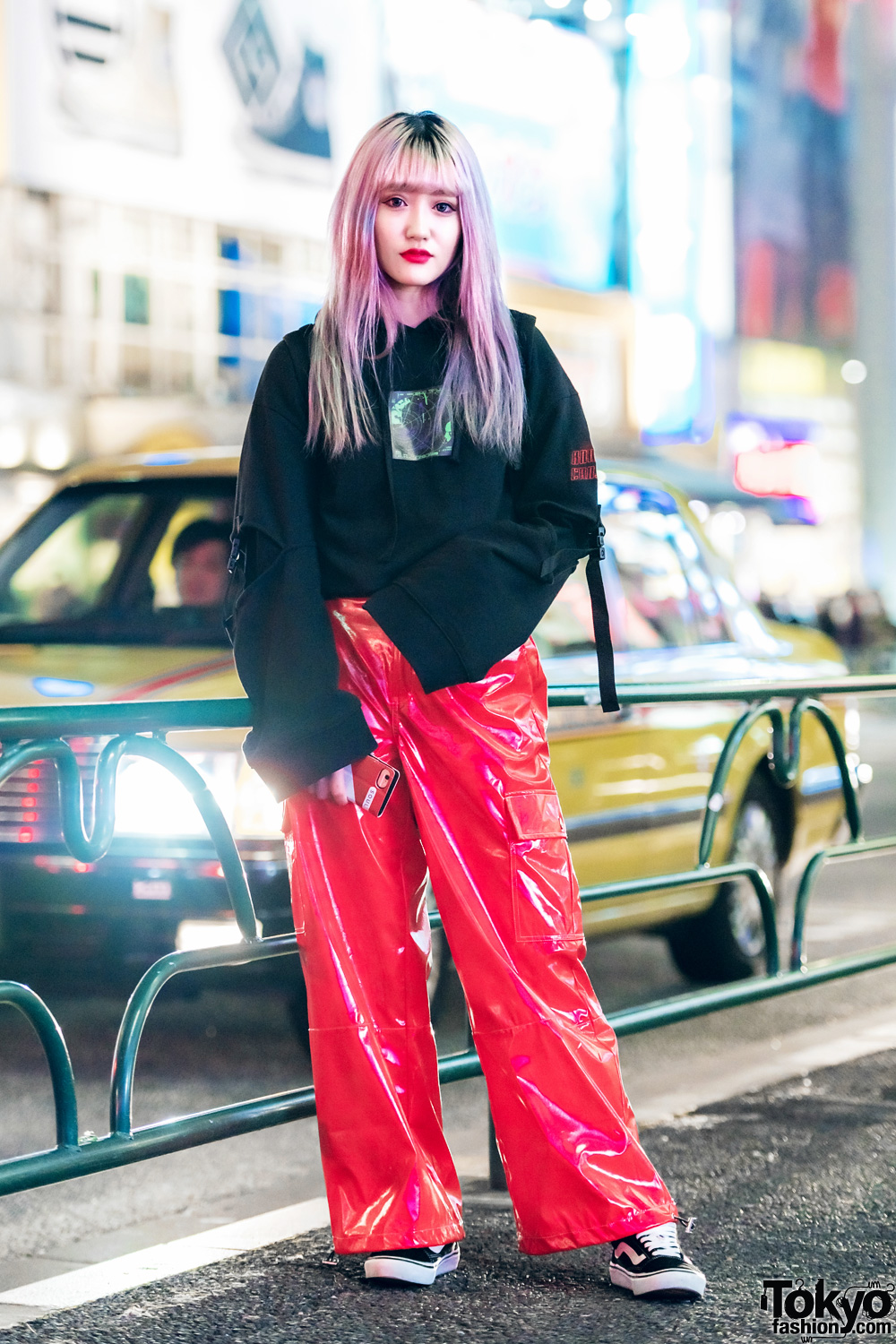 Cutout Hoodie by Japanese Streetwear Brand MYOB NYC & 7% More Pink Vinyl Pants in Harajuku