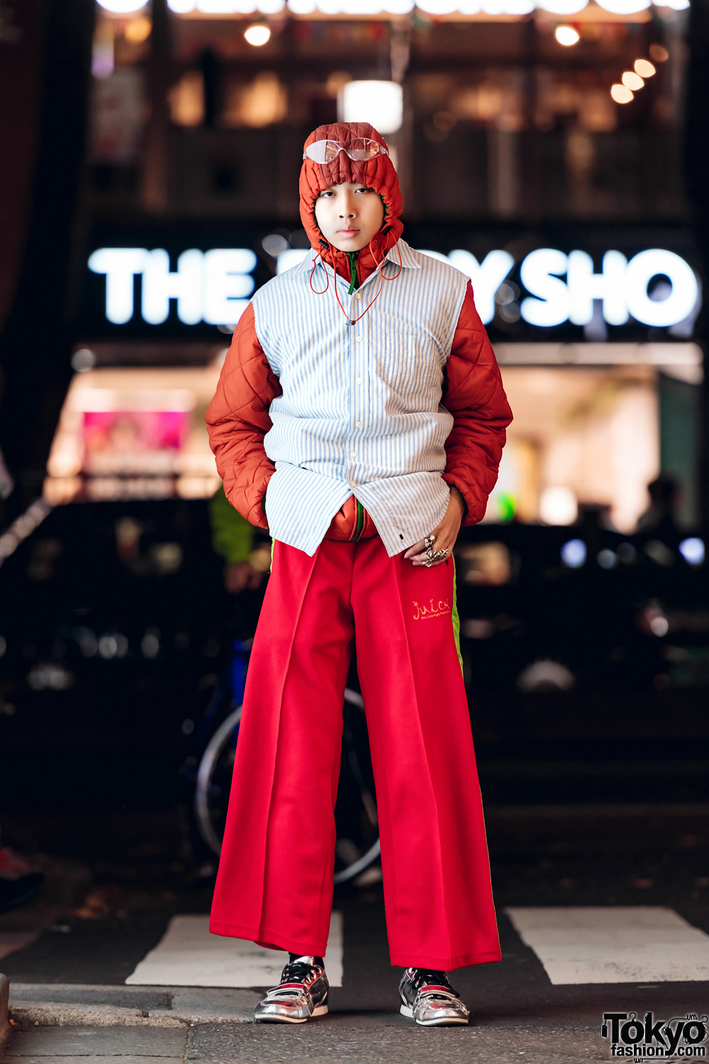 Hooded Japanese Fashion Student in Harajuku w/ Remake Sleeveless Shirt, Track Pants & Silver Shoes