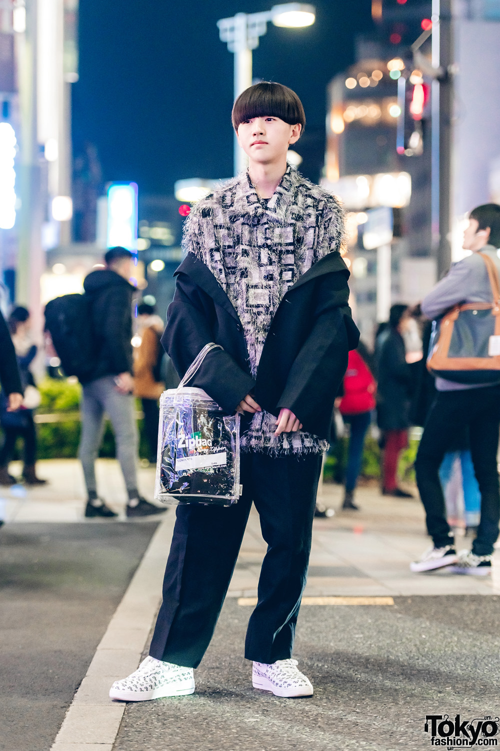 Harajuku Guy in Quirky Street Fashion w/ Comme des Garcons Ensemble, Resale Fringe Top, Nike Sneakers & Ziploc Tote Bag