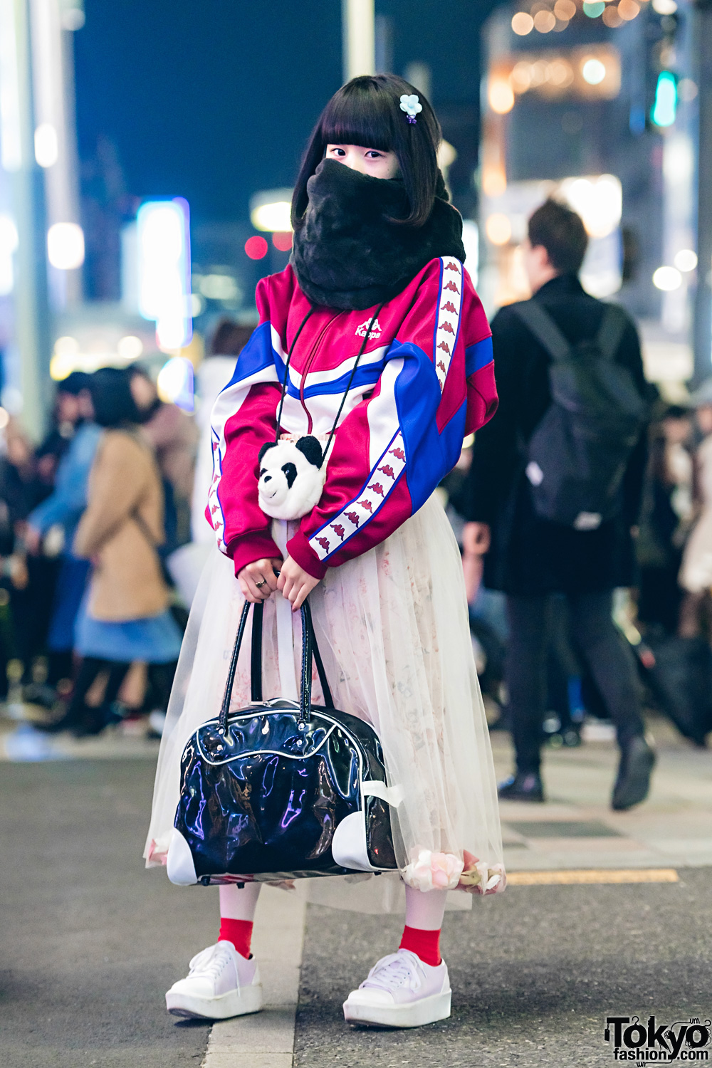 Harajuku Girl w/ Plush Panda Pouch, Sheer Flower-Filled Skirt, Kappa Jacket & New Balance Bag