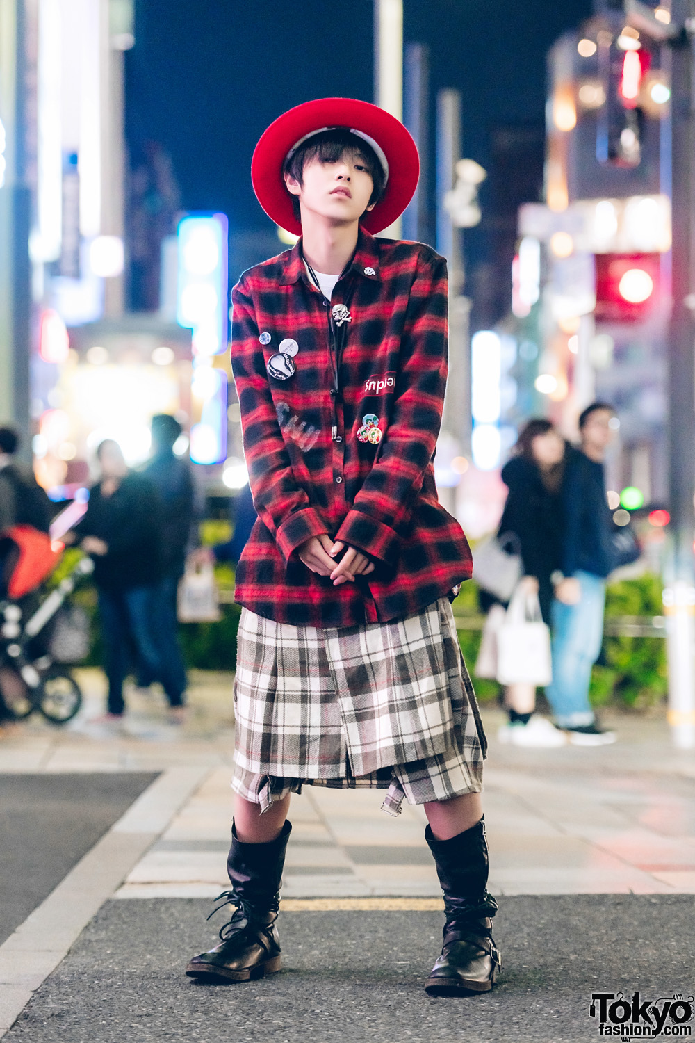 Red-and-Black Street Style w/ Red Hat, Plaid Outfit & Undercover Black Boots