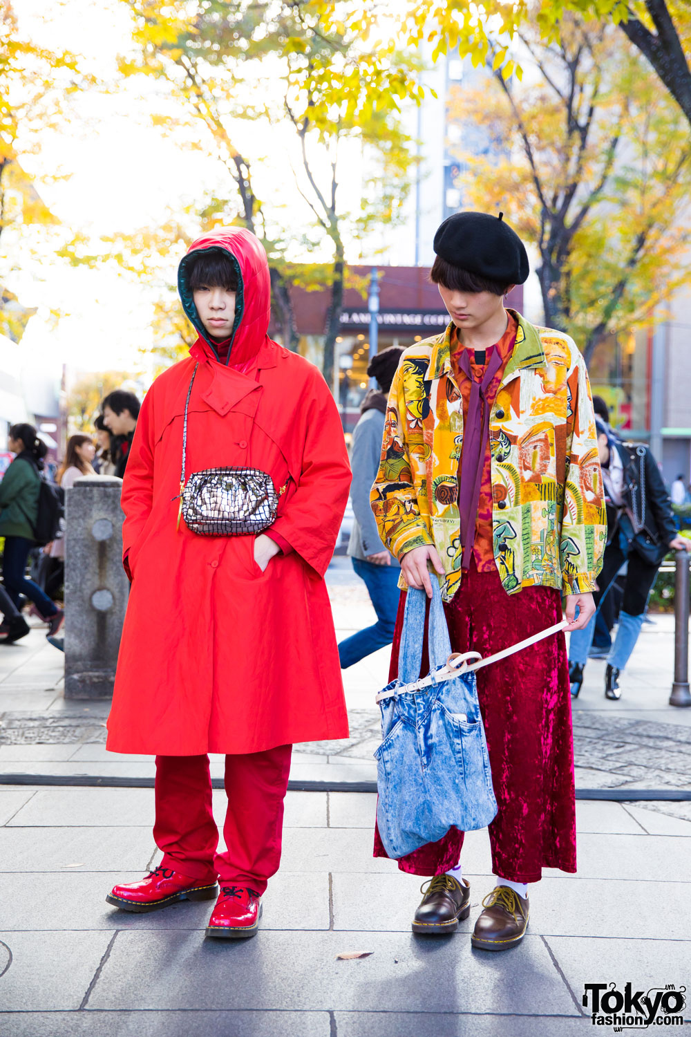 Harajuku Guys in All Red & Mixed Prints Fashion w/ Yves Saint Laurent, Dr. Martens, Levi's 517 & Hender Scheme