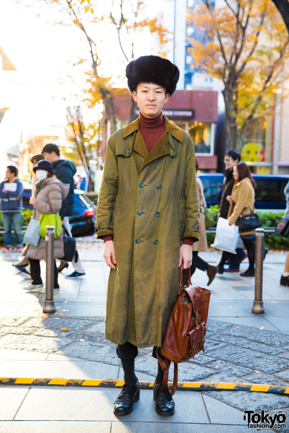 Harajuku Winter Style w/ Black Fur Hat, Uniqlo Turtleneck & Barbour Coat