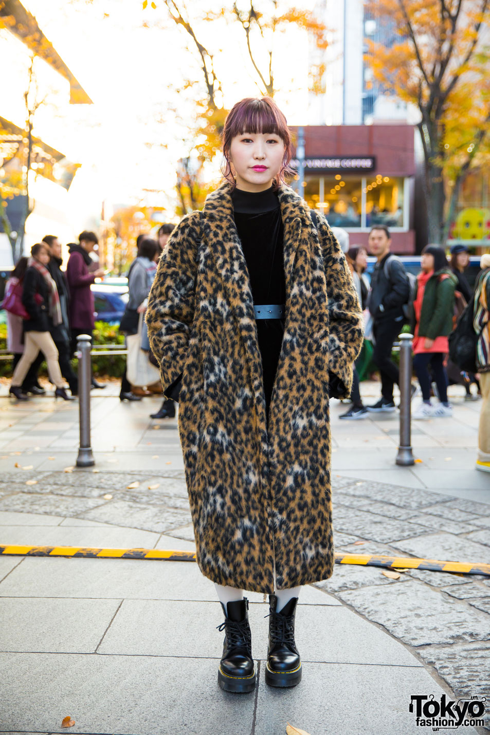 Purple-Haired Harajuku Girl in Leopard Print Maxi Coat Fashion w/ Jeanasis, Dr. Martens, E.M., Jouetie & Opening Ceremony