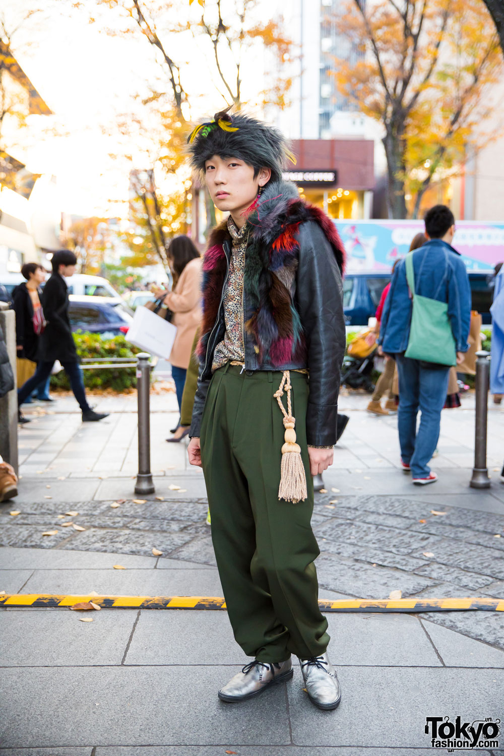 Eclectic Street Style w/ Fuzzy Hat, Animal-Printed Shirt, Fur-Trimmed Leather Jacket & Y’s Pants