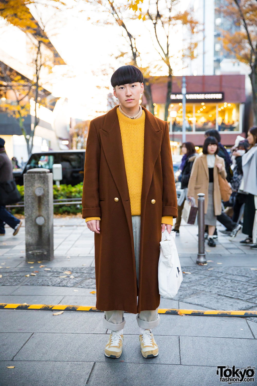 Tokyo Winter Street Fashion w/ Long Coat, Knit Sweater, MHL. Bag & Nike Sneakers