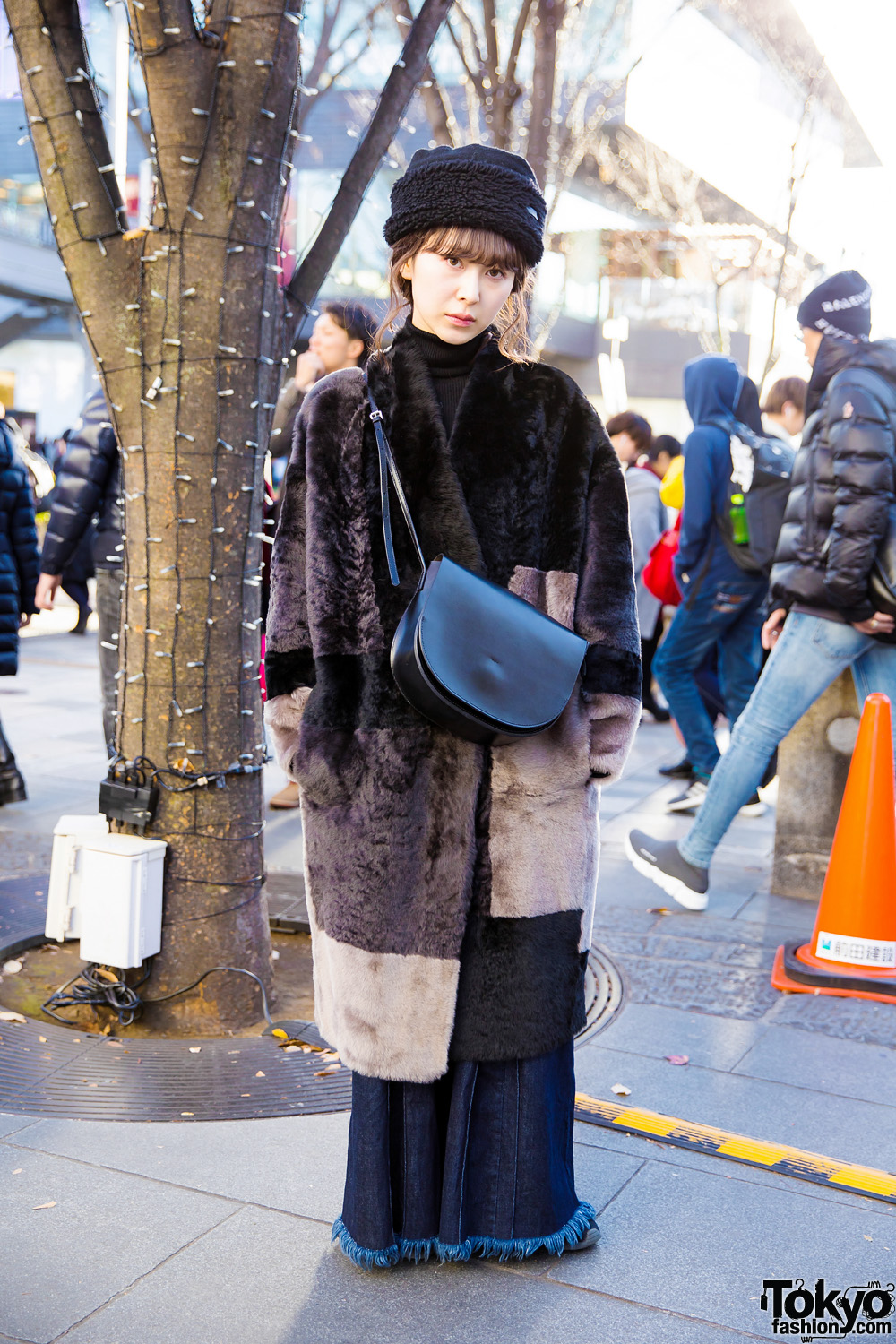 Faux Fur Harajuku Winter Fashion w/ Furry Hat, Maxi Coat, Wide Denim & Black Leather Bag