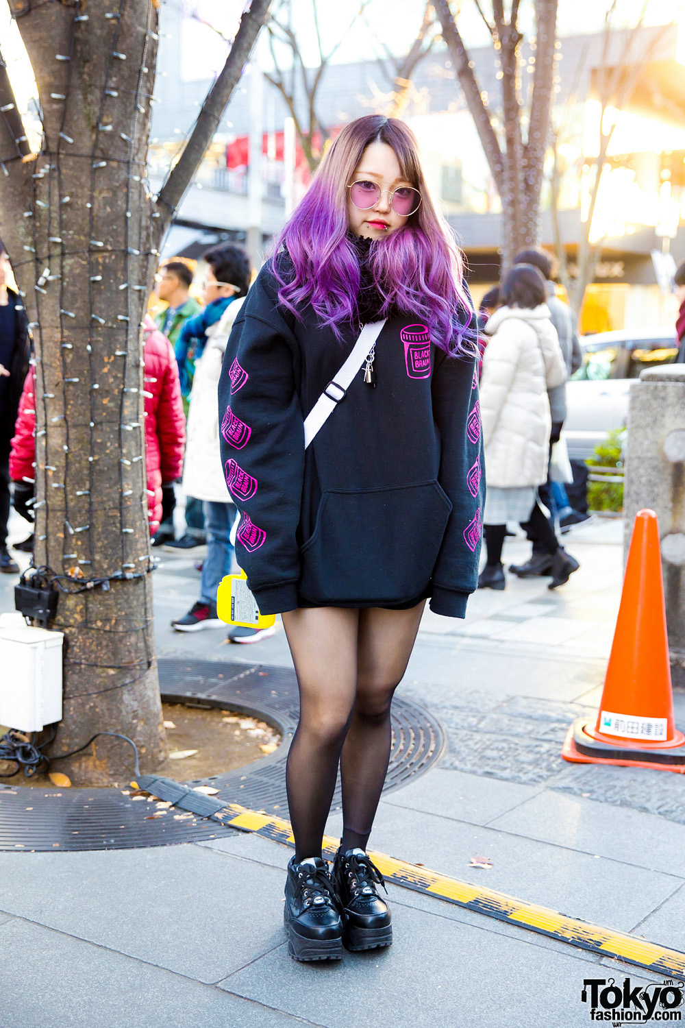 Purple-Haired Harajuku Girl in Black Brain Hoodie & Yosuke Platform Sneakers