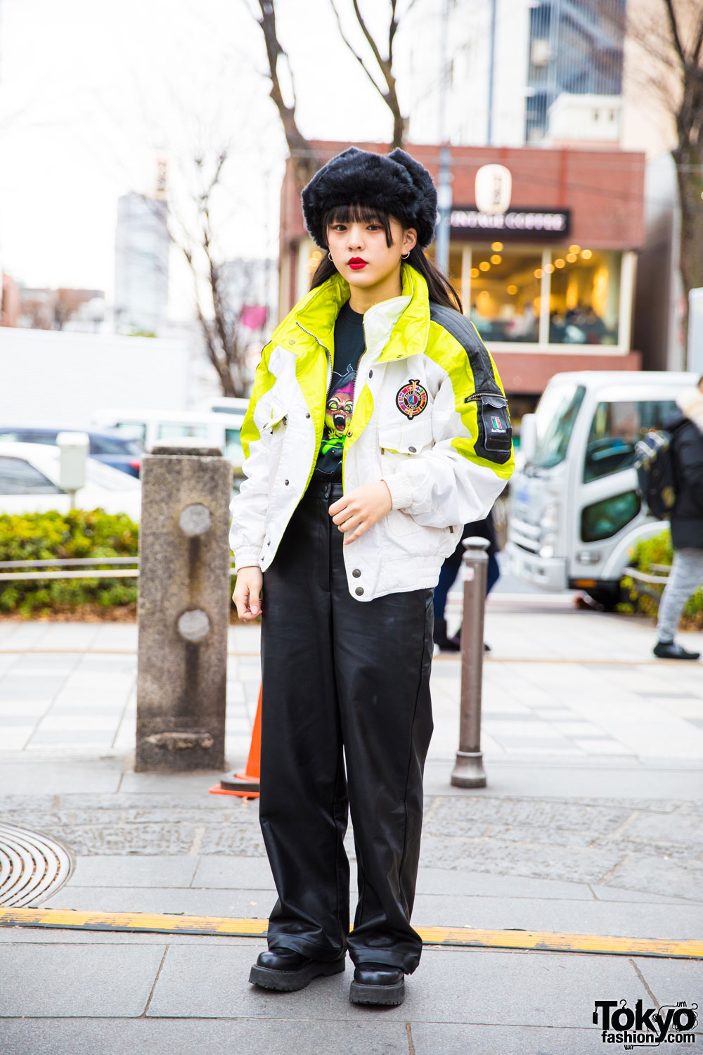 Harajuku Girl in Winter Style w/ Resale Jacket, Oh Pearl Leather Pants & Bubbles Shoes