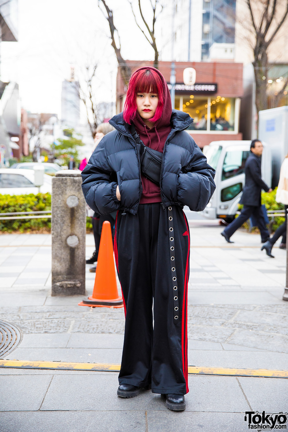 Pink-Haired Harajuku Girl in Black-and-Red Winter Street Style w/ Sly, Oh Pearl, Michiko London & Bubbles