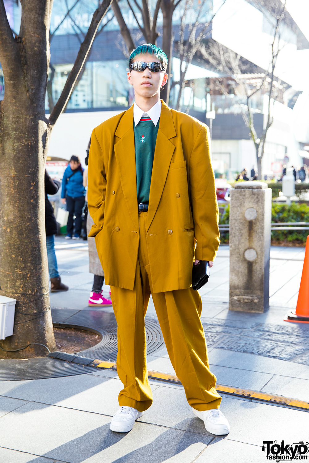 Green-Haired Blanco Hairstylist in Vintage Tan Suit, Opening Ceremony Top, Nike Sneakers & Gucci Accessories