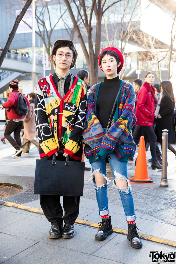 Colorful Harajuku Duo in Vintage Knit Sweaters Street Styles