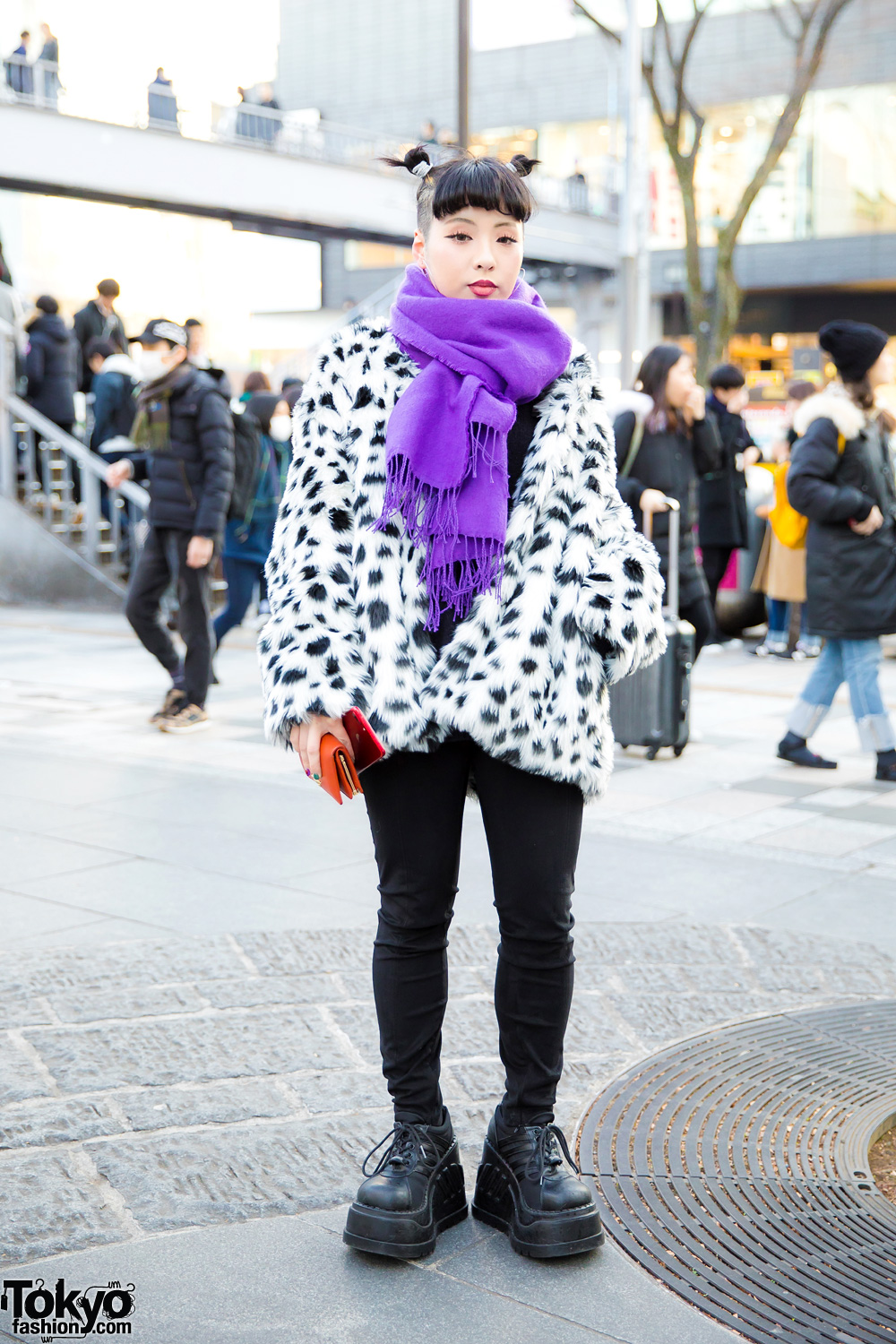 Harajuku Girl w/ Shaved Hairstyle In Dalmatian Print Coat & Demonia Platforms