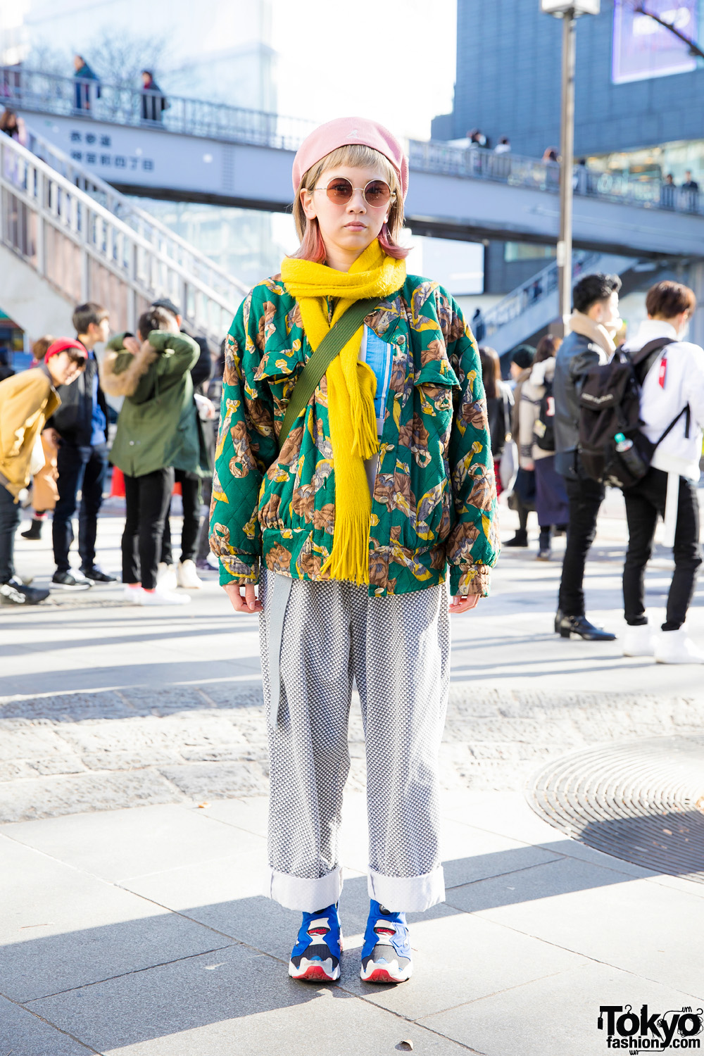 Harajuku Girl in Mixed Prints Fashion w/ Vintage Floral Print Jacket, Resale Adidas, Reebok Sneakers & Kangol Beret