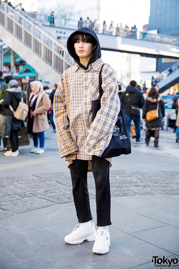 Harajuku Guy in Plaid Print Japanese Street Style w/ Ajo by Ajo, Adidas, MPQ & FILA