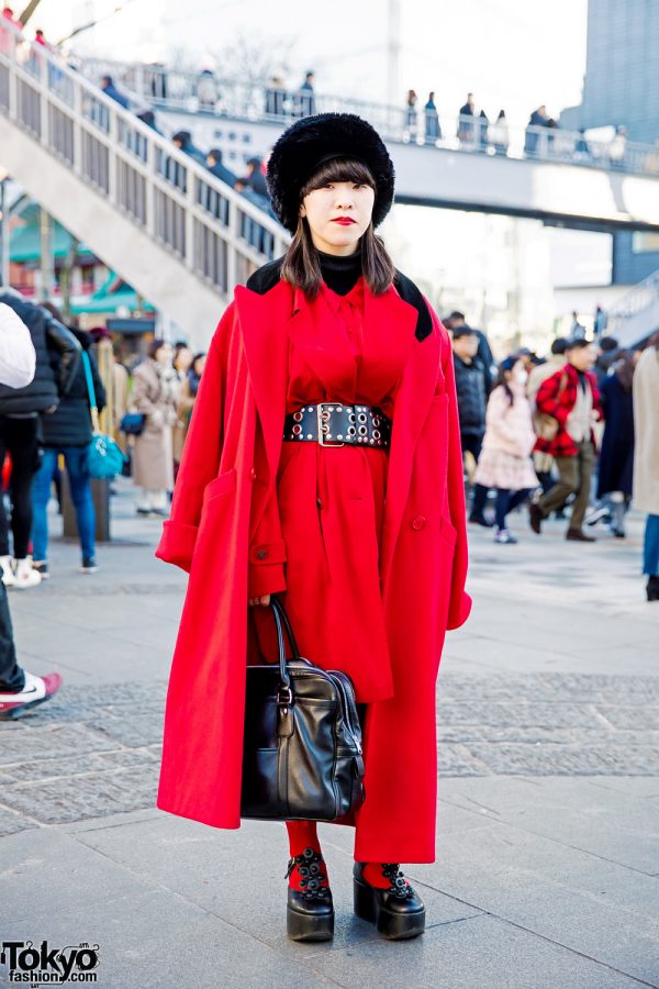Vibrant Red & Black Japanese Winter Fashion w/ Otoe, Comme Des Garcons & Tokyo Bopper Shoes