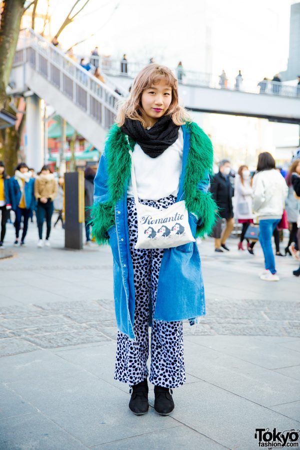Japanese Street Fashion w/ Denim Faux Fur Coat, Dalmatian Pants & Masami Yanagida x No Panties Bag