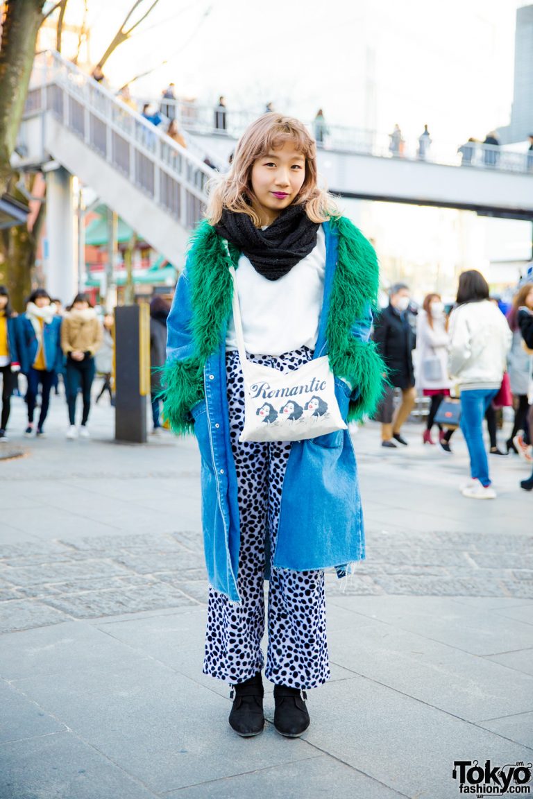 Japanese Street Fashion w/ Denim Faux Fur Coat, Dalmatian Pants ...