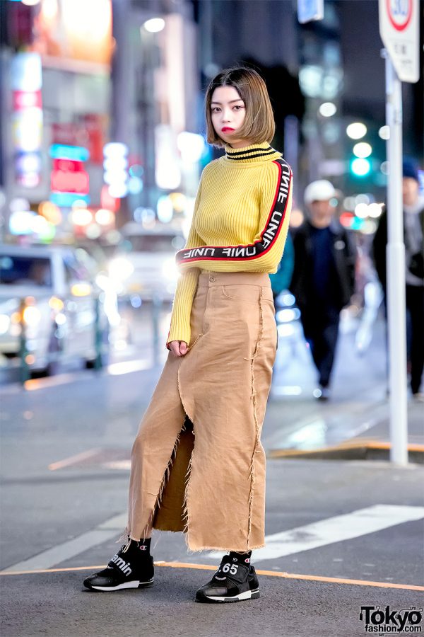 Harajuku Girl in UNIF Sweatshirt, MYOB NYC Distressed Skirt & 23.65 Sneakers