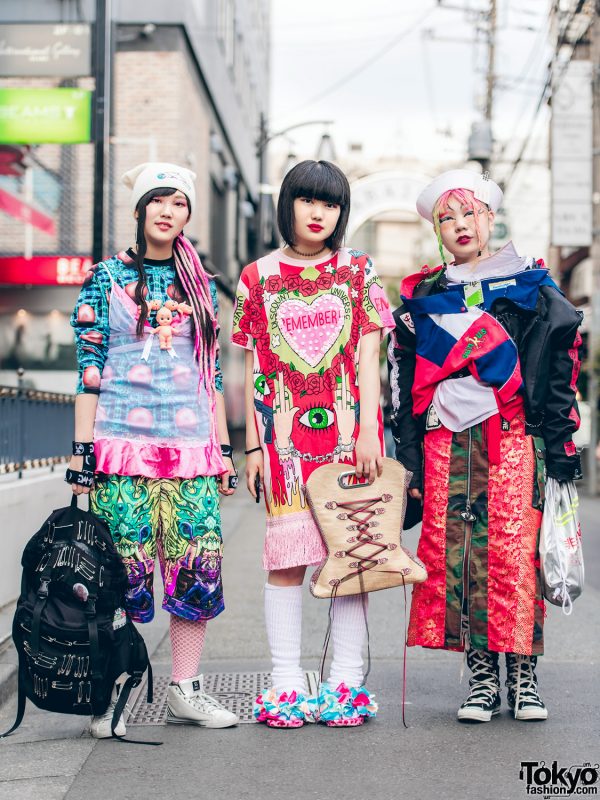 Harajuku Girls in Colorful Eclectic Streetwear w/ FOTUS, Space Tribe, Sabre, Damage, Dog Harajuku, Hoyajuku, Pinnap, Sunkus x Family Mart & Moonzone