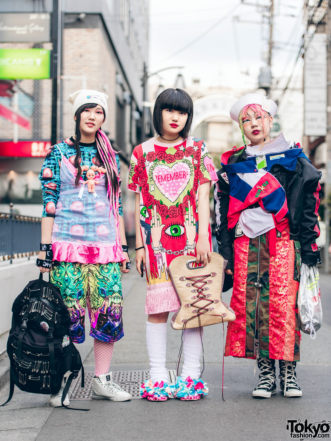 Harajuku Girls in Colorful Eclectic Streetwear w/ FOTUS, Space Tribe, Sabre, Damage, Dog Harajuku, Hoyajuku, Pinnap, Sunkus x Family Mart & Moonzone