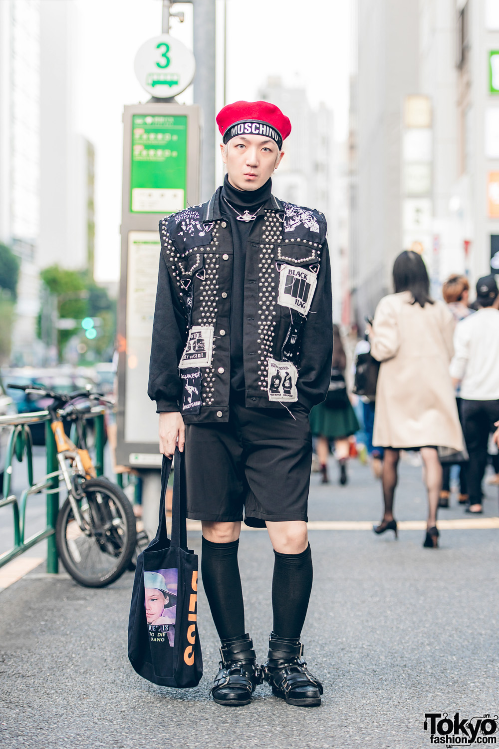 Harajuku Guy in Red Beret, Dog Harajuku Studded Vest, Phenomenon Turtleneck, Dressedundressed Shorts, KTZ Shoes & UNIF Bag