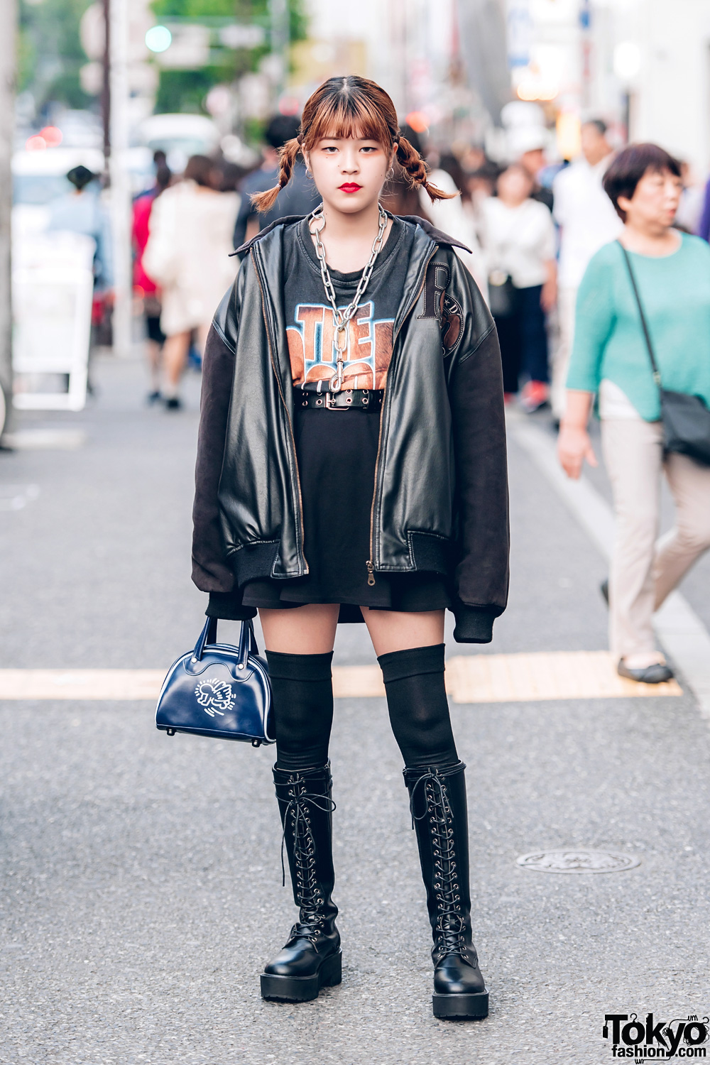 Harajuku Girl in Twin Braids and All-Black Vintage Street Style