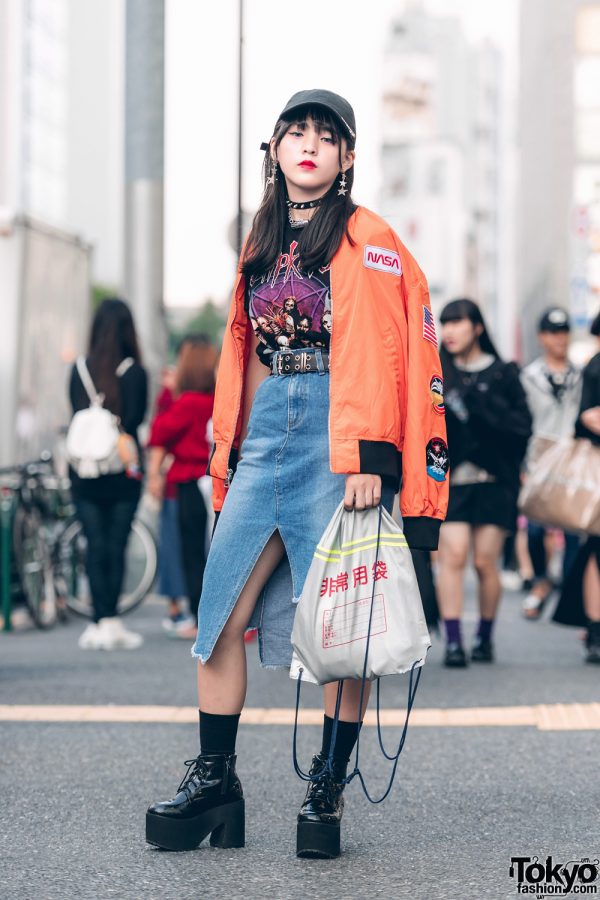 Japanese Teen in Harajuku Street Style w/ NASA Bomber Jacket, Slipknot T-Shirt, Open The Door & Bubbles