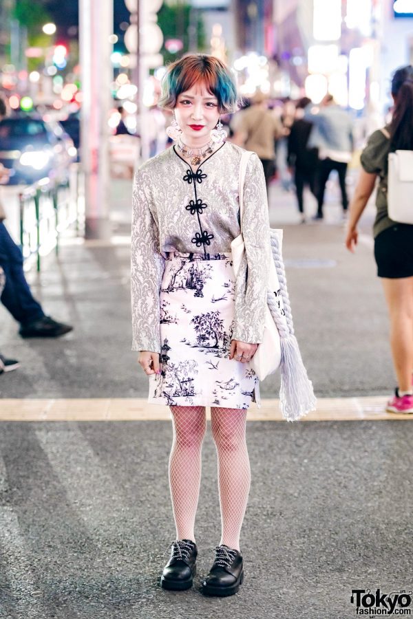 Harajuku Girl w/ Colorful Hair, Floral Top, Print Skirt & Room Boy Pony Bag