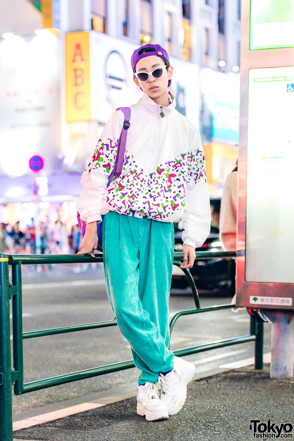 Japanese Boy's Cute Street Style w/ RRR Vintage Outfit, Yosuke Sneakers, Peco Club Backpack & Oh Pearl Glasses