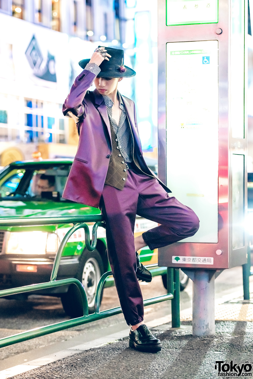 Purple Paul Smith Suit & Black Fedora Tokyo Street Style