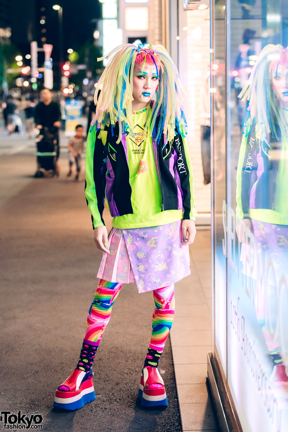 Kawaii Harajuku Street Fashion w/ 6%DOKIDOKI Rainbow Tights, Cyber Hair Falls, Cyberdog & Platform Boots