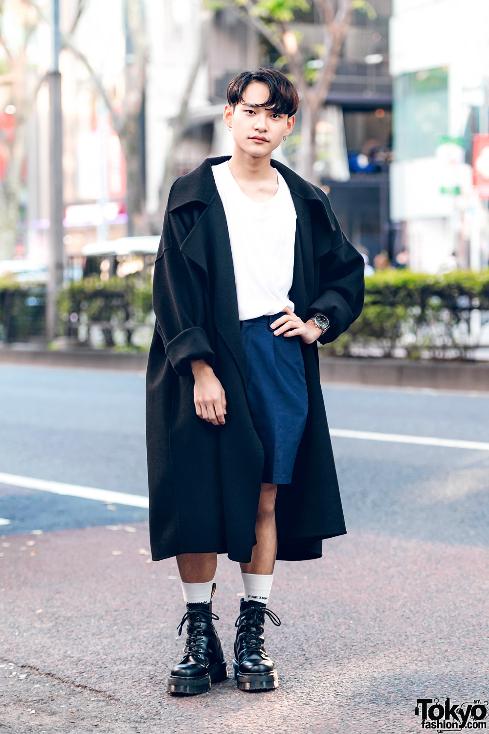 Harajuku Chef in Zara Maxi Coat Street Fashion w/ Acne Studios T-Shirt & Dr. Martens Boots