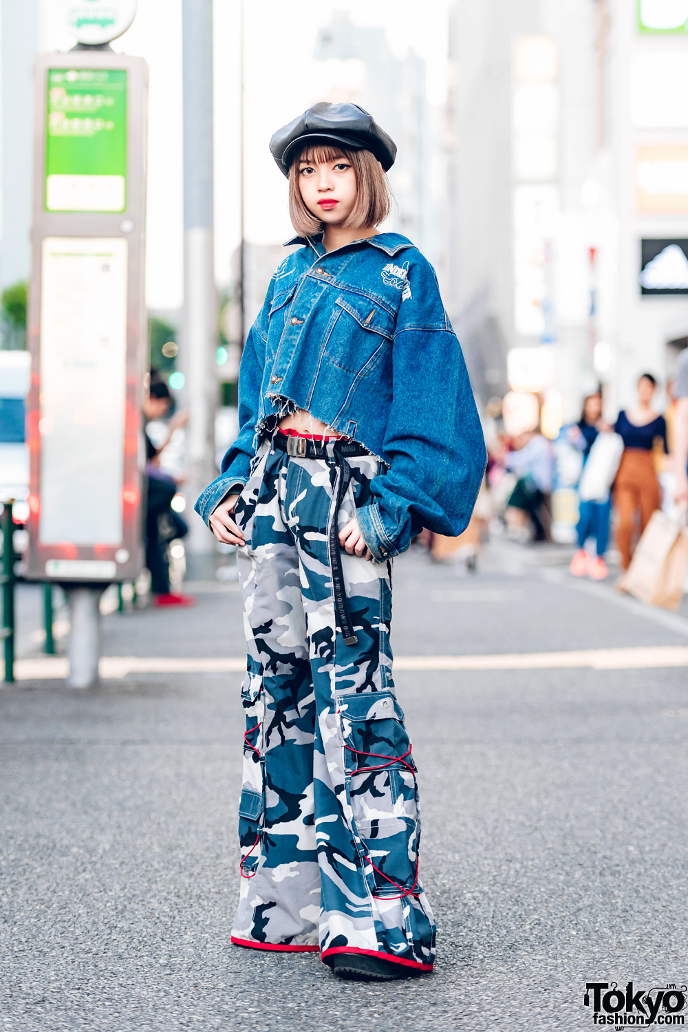 Harajuku Girl in Distressed Jean Jacket & Camouflage Print Pants, Leather Beret & MYOB Belt