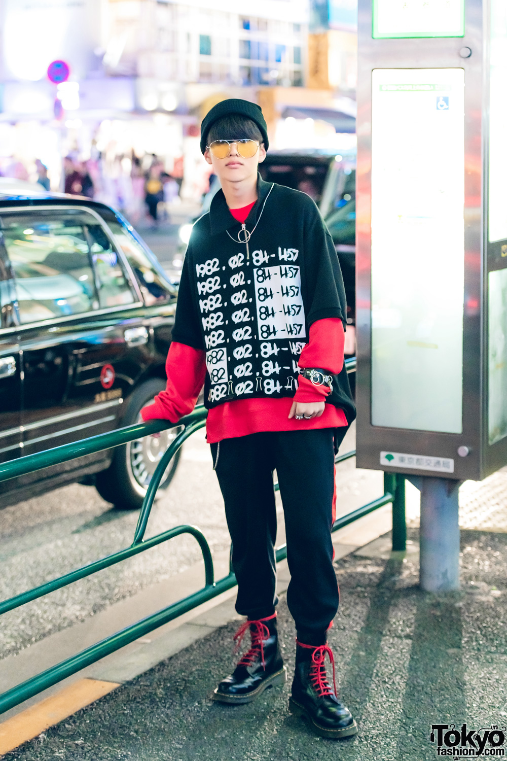 Harajuku Guy in Black & Red Streetwear w/ Never Mind the XU, Spinns, Chanel & Dr. Martens