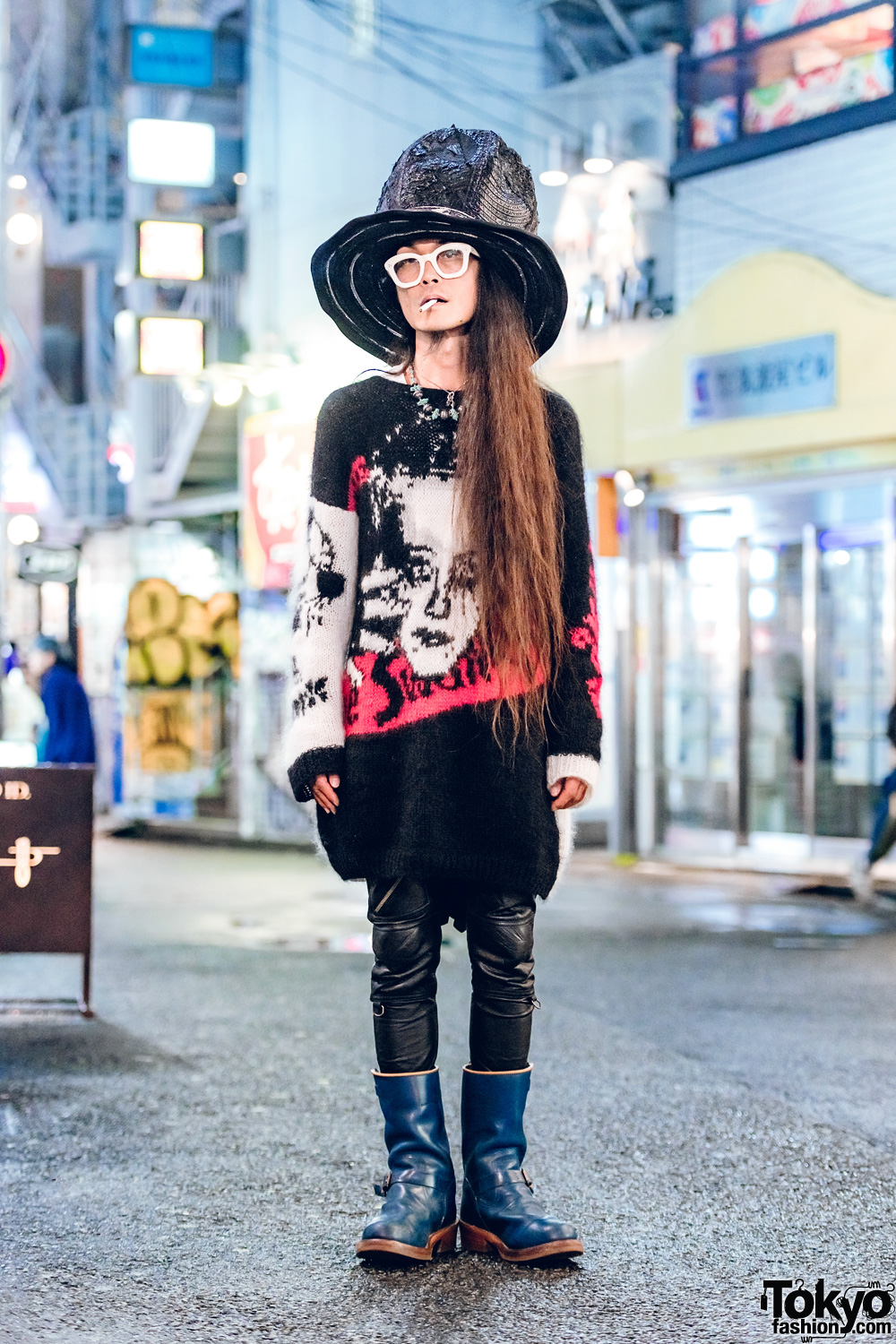 Edgy Harajuku Menswear Street Fashion w/ Top Hat, Graphic Sweater, Black Means Leather Pants & GM Boots