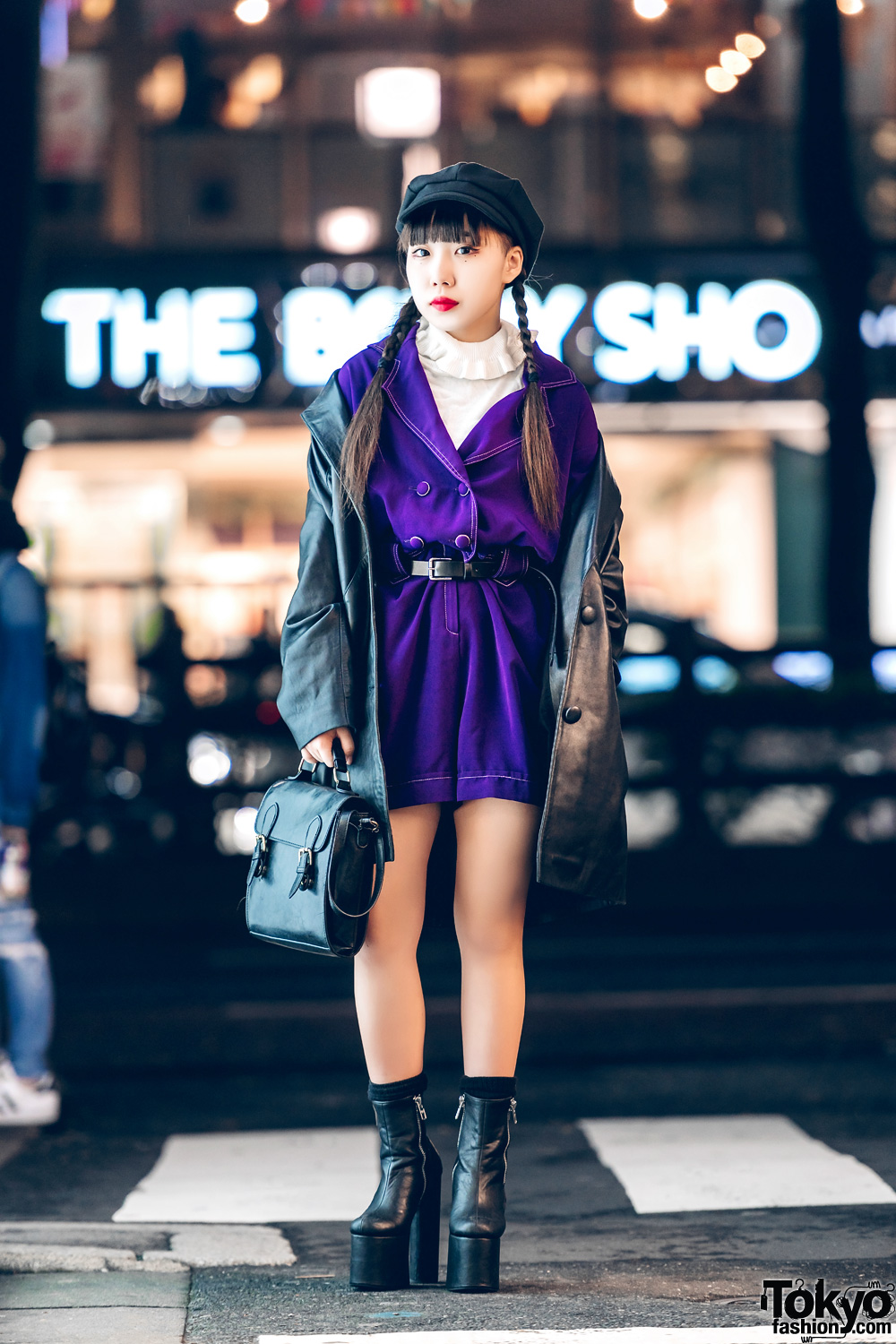 Harajuku Girl in Leather Coat, Purple Playsuit & Dolls Kill Platform Boots