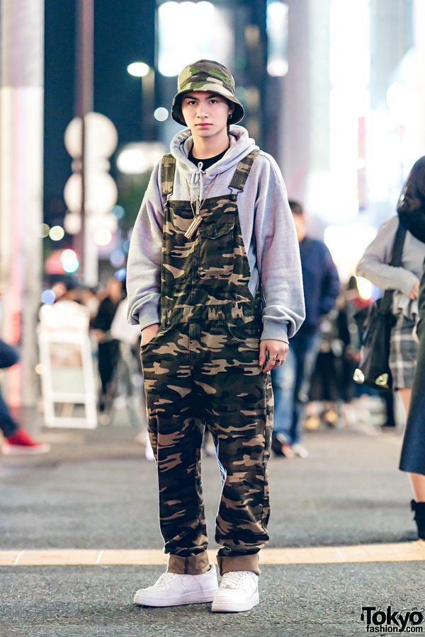 Camouflage Print Overalls & Grey Hoodie Japanese Street Style