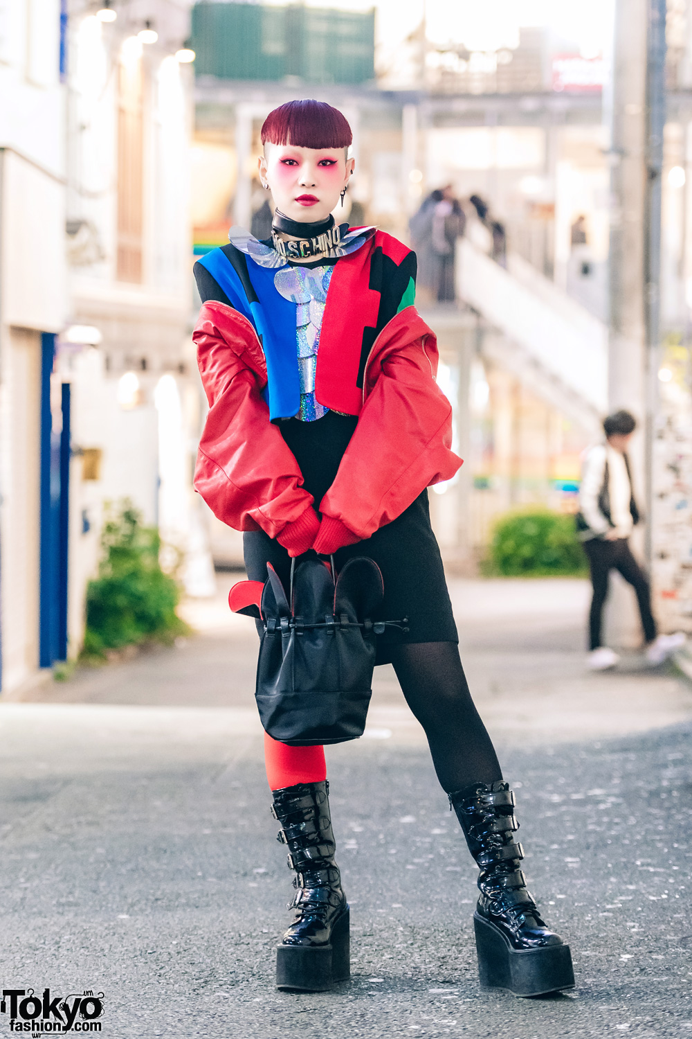 Neuron Nailz Tokyo Artist in Avant-Garde Street Fashion w/ Moschino, Patent Boots, Petal Handbag & Statement Collar