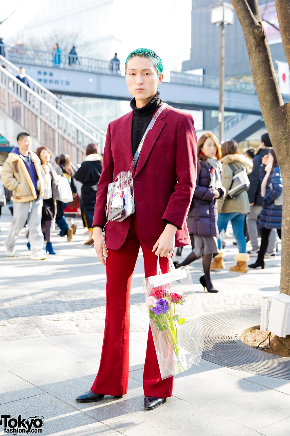Aqua-Haired Valentino Japan Staffer in Stylish Suit w/ NaNa-NaNa Bag & Gucci Chain Belt