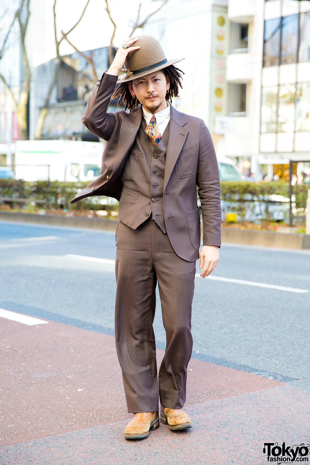 Japanese Creative Artist in Dapper Street Fashion w/ The Stylist Japan Suit, Bowler Hat & Dreadlocks